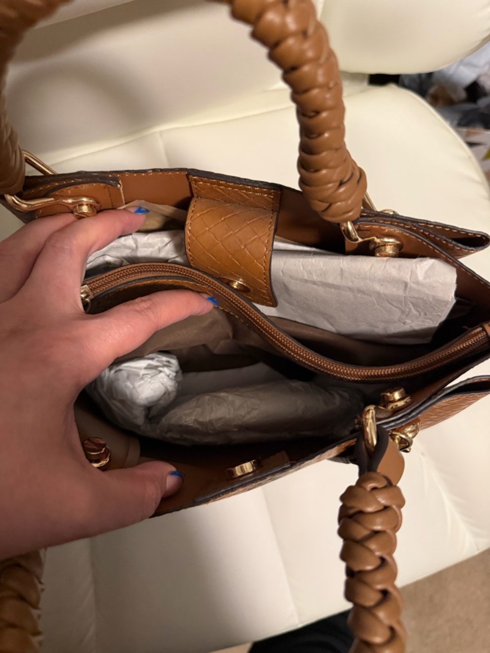 Aldo Cognac Tan Woven Satchel with Braided Top Handles - Picture 4 of 4